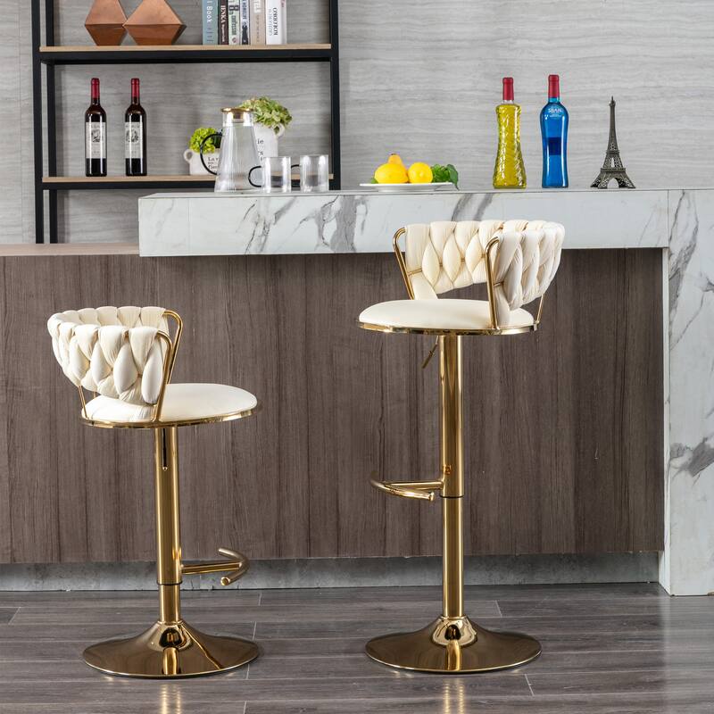 Set of 2 Adjustable Swivel Bar Stools, Cream Velvet with Chrome Footrest & Gold Legs