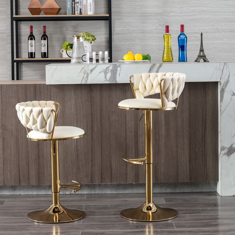 Set of 2 Swivel Height Adjustable Mechanical Lifting Bar Stools with Chrome Footrest and Base