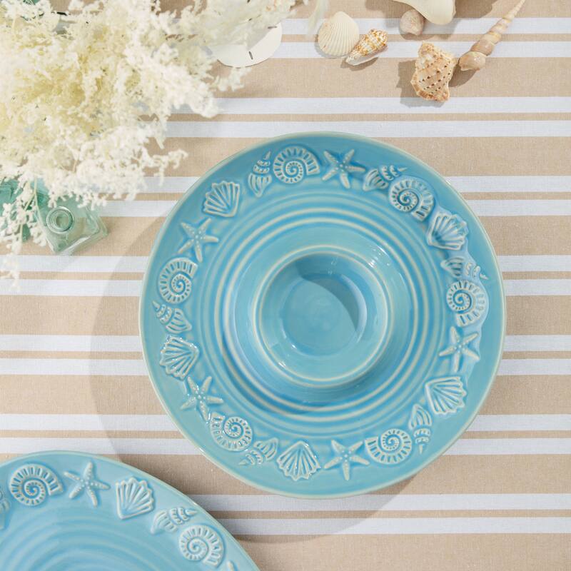 Certified International Coastline Blue Chip & Dip Server, 13.5" - 13.50"L x 13.50"W x 1.75"H