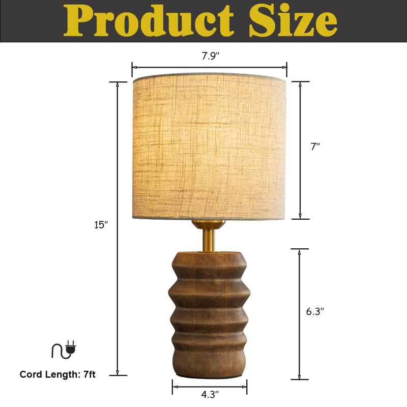 15'' Rustic Small Ribbed Wood Bedside Table Lamp Nightstand Lamp with Beige Fabric Shade for Bedroom, Desk, Living Room - W8''