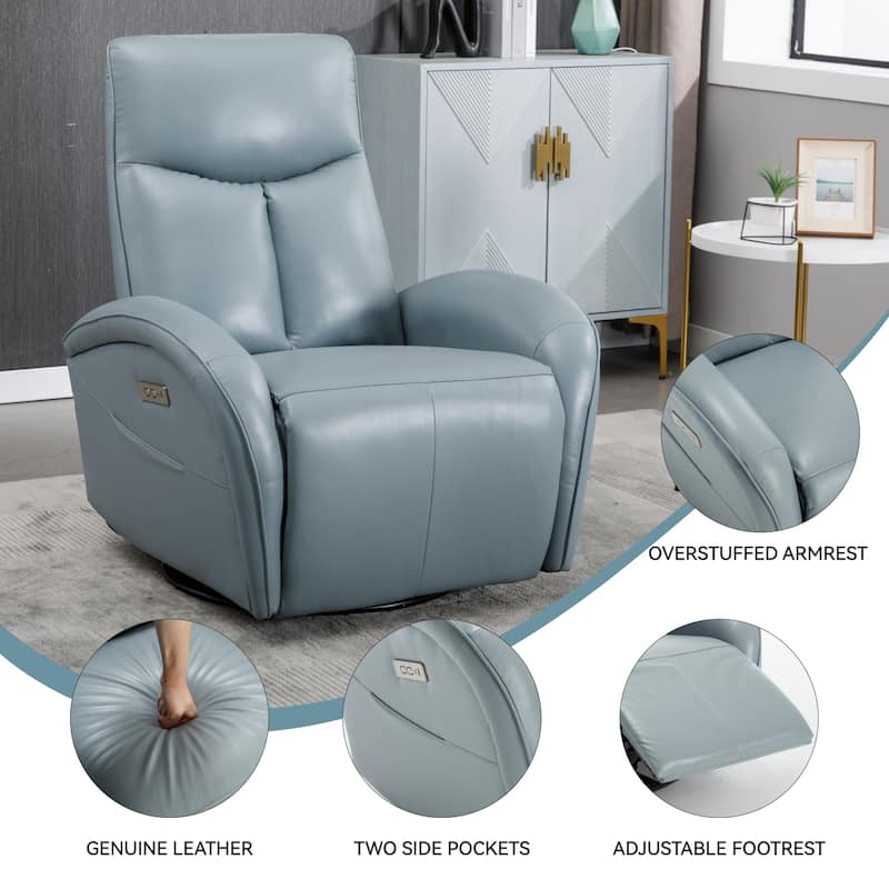 Genuine Leather Power Recliner Chair, 270° Swivel Rocker, USB, Type-C