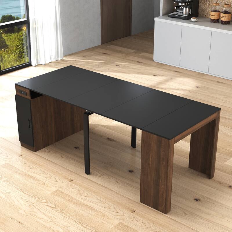 Modern Extendable Dining Table with Outlet & Storage, Space-Saving Expanding Table for Party & Meetings