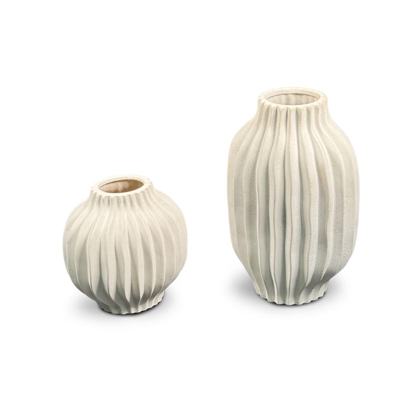 White Set of 2 Vertical Grooved Squat and Oblong Ceramic Table Vases - White