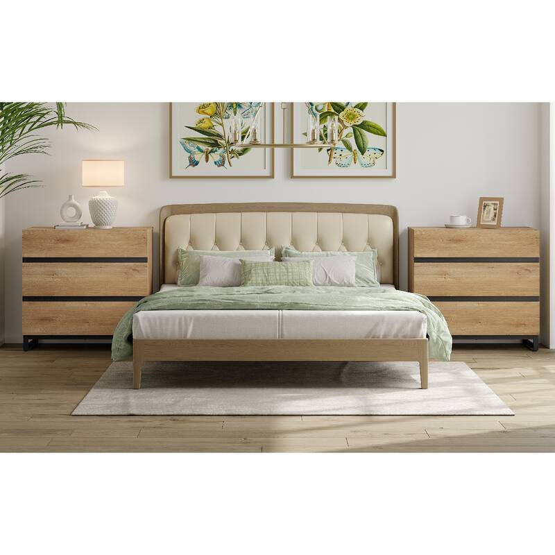 WAMPAT Nightstand with 3 Drawers for Bedroom, Modern Bedside Table with Black Square Iron Leg, Wood Rustic Side Table