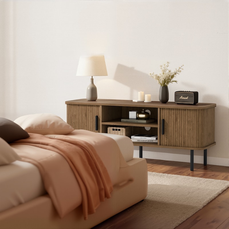 Mid-Century Modern Media Console, Tambour TV Stand with Storage Cabinet and Shelf