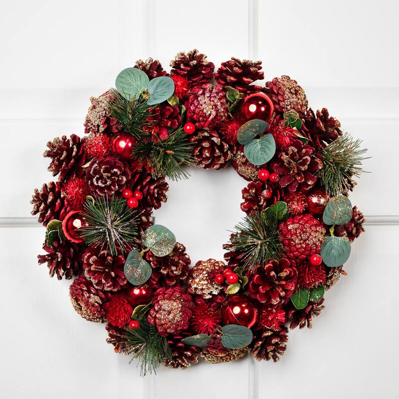 Pinecone, Berry and Ball Ornament Glittered Artificial Christmas Wreath - 13" - Unlit