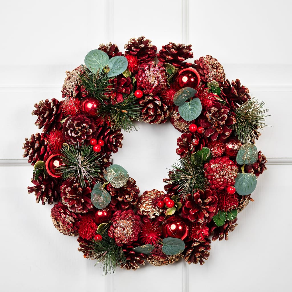 Pinecone Berry and Ball Ornament Glittered Artificial Christmas Wreath - 13" - Unlit