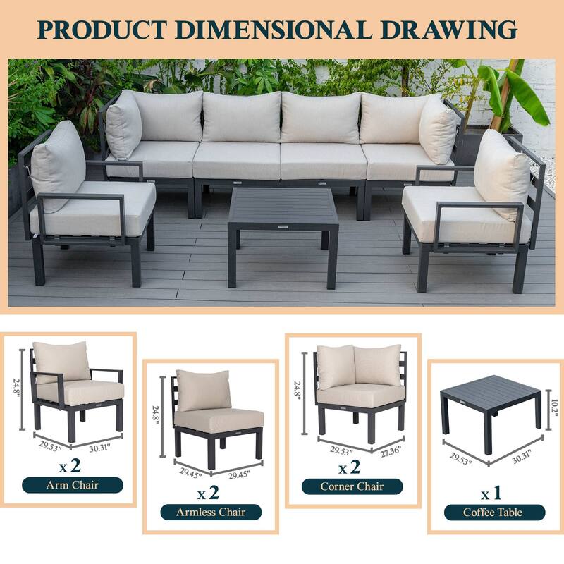 Outdoor 7-Piece Modern Patio Sectional Sofa Set Aluminum Frame W/ Coffee Table for Outdoor Summer Porch Backyard