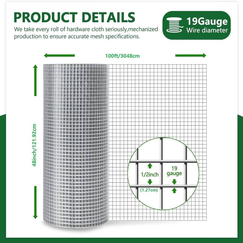 Art3d 1/2 Inch 48in X 100ft 19 Gauge Square Hardware Cloth - 48in x 100ft