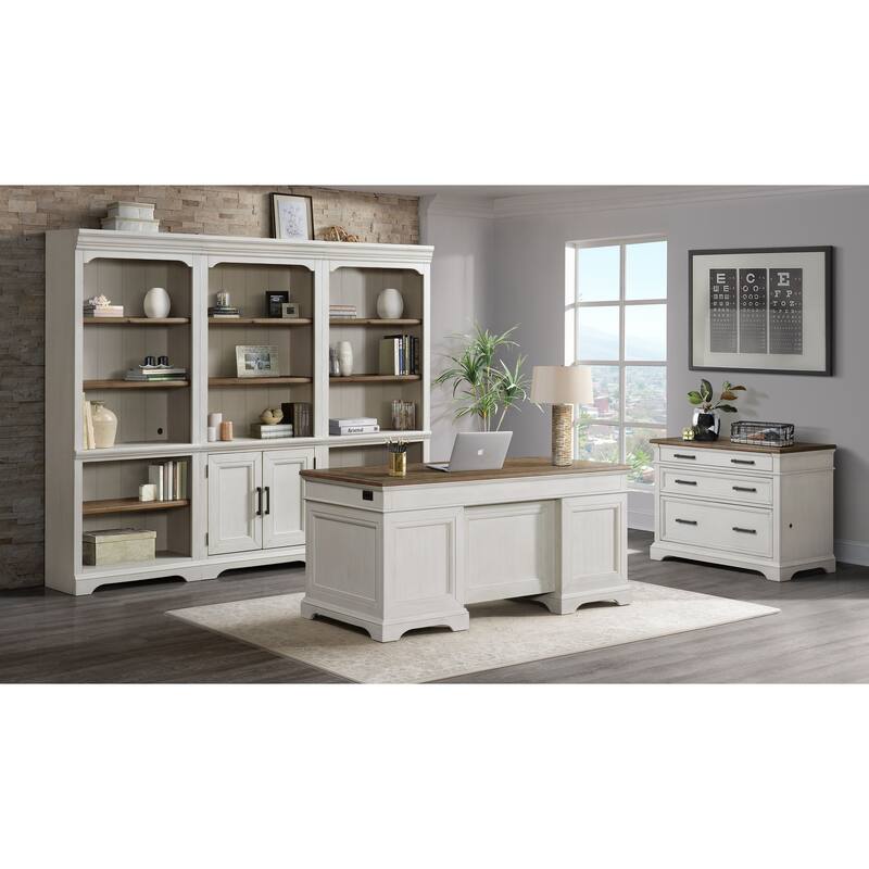 Drake Home Office 66" Wide Executive Desk, Rustic White & French Oak