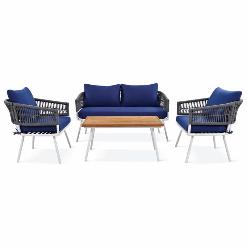 4-Piece Boho Rope Patio Furniture: Outdoor Seating with Acacia Wood Table, Thick Cushions