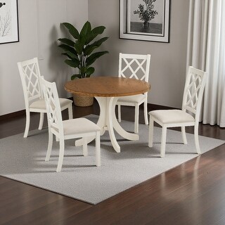 Mid-Century Solid Wood 5-Piece Round Dining Table Set with Upholstered ...
