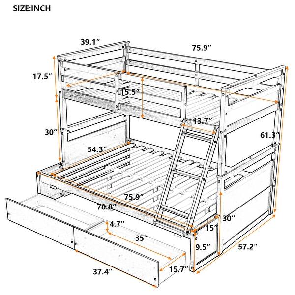 Multi-function Twin over Full Bunk Bed With Storage Drawers,Sturdy Frame For Bedroom