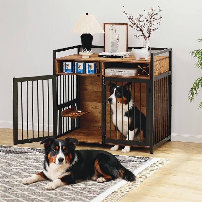 Heavy Duty Dog Crate Furniture, with Double Doors & Storage