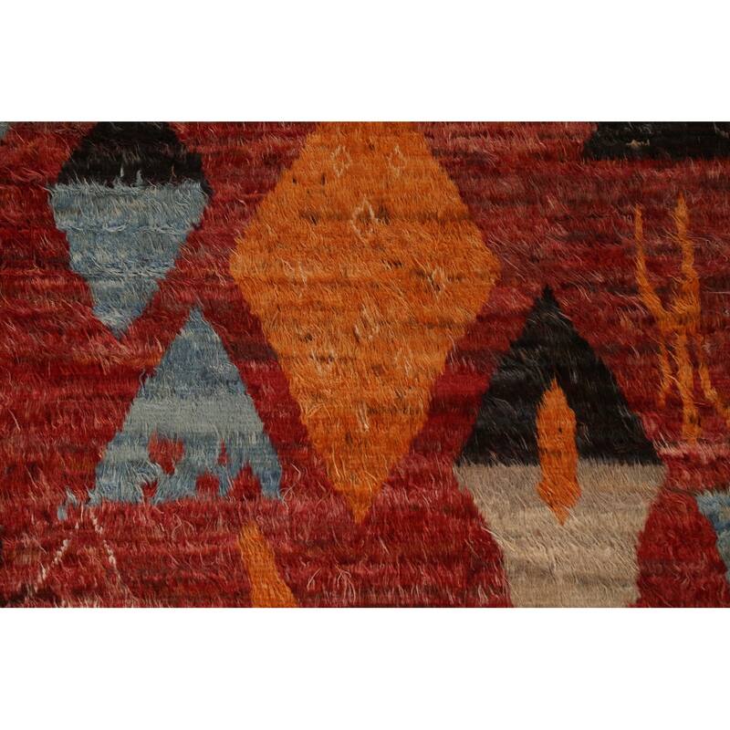 Hand Knotted Oriental 100% Wool Carpet Modern Tribal Red Moroccan Area Rug - 9' 9'' X 6' 10''