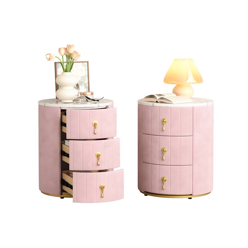 Set of 2 Upholstered 3-Drawer Nightstands - Round Marbling Top Bedside Table (Fully Assembled Except Handles, Pink)