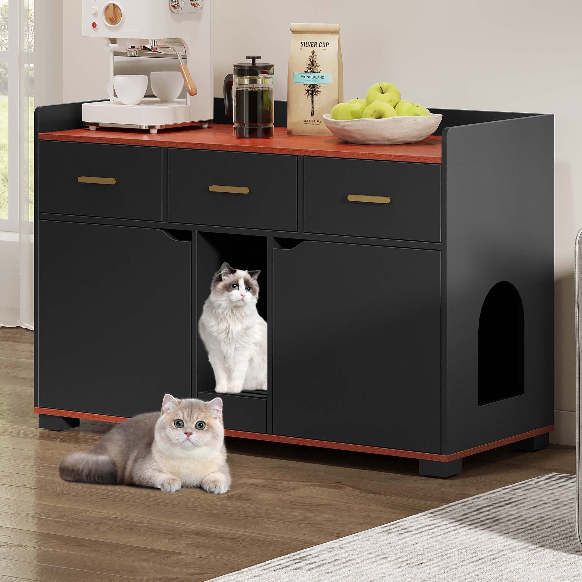 Moasis Double Room Cat Litter Box Enclosure Storage Cabinet with Drawers for 2 Cats