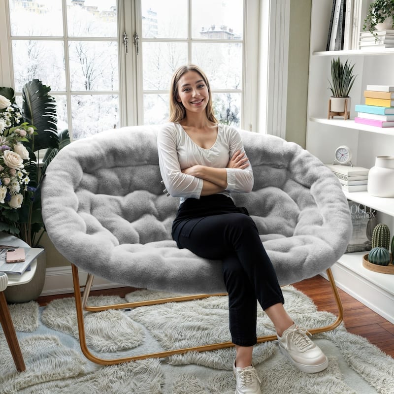 Folding Synthetic Fur Double Saucer Chair with Steel Frame - 27.5"D x 55.5"W x 33.5"H