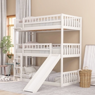 White Twin-over-Twin-over-Twin Triple Bunk Bed with Built-in Ladder and Slide, Guardrails