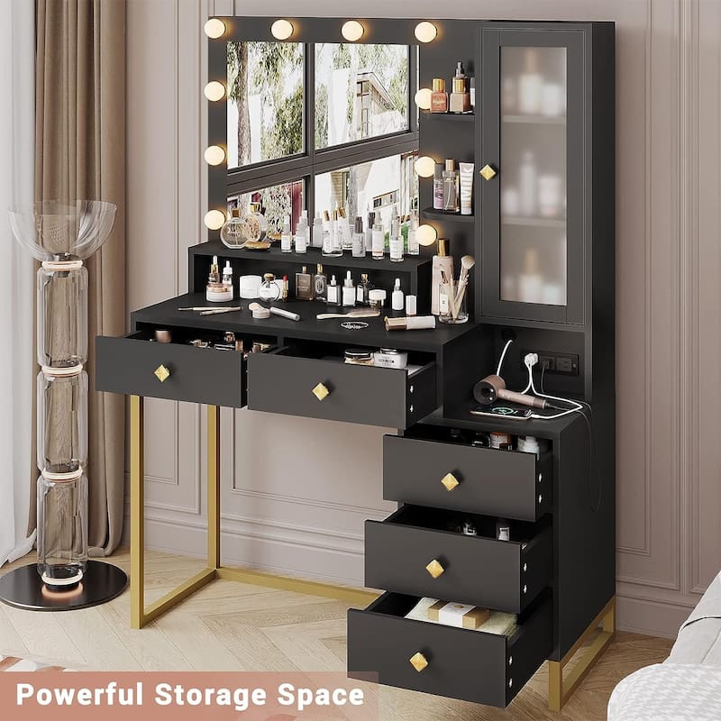 Makeup Vanity with Charging Station Mirror with Lights 5 Drawers