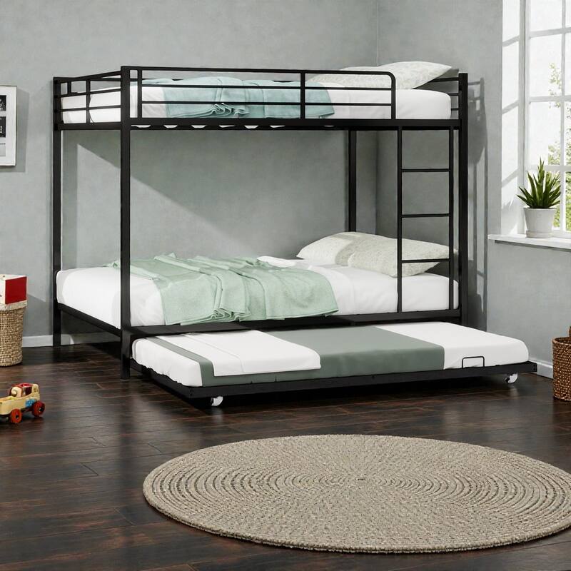 Durable Iron Bunk Bed with Twin Over Full Design, Trundle, Safety Rails, Ladder & Space-Saving Modern Metal Frame