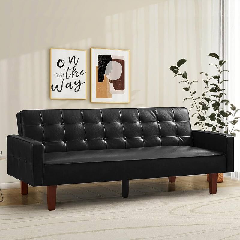 Faux Leather Futon Sofa Bed Sleeper Couch, Mid Century Button Tufted Upholstered Convertible Sofa Bed with Wooden Legs - Black