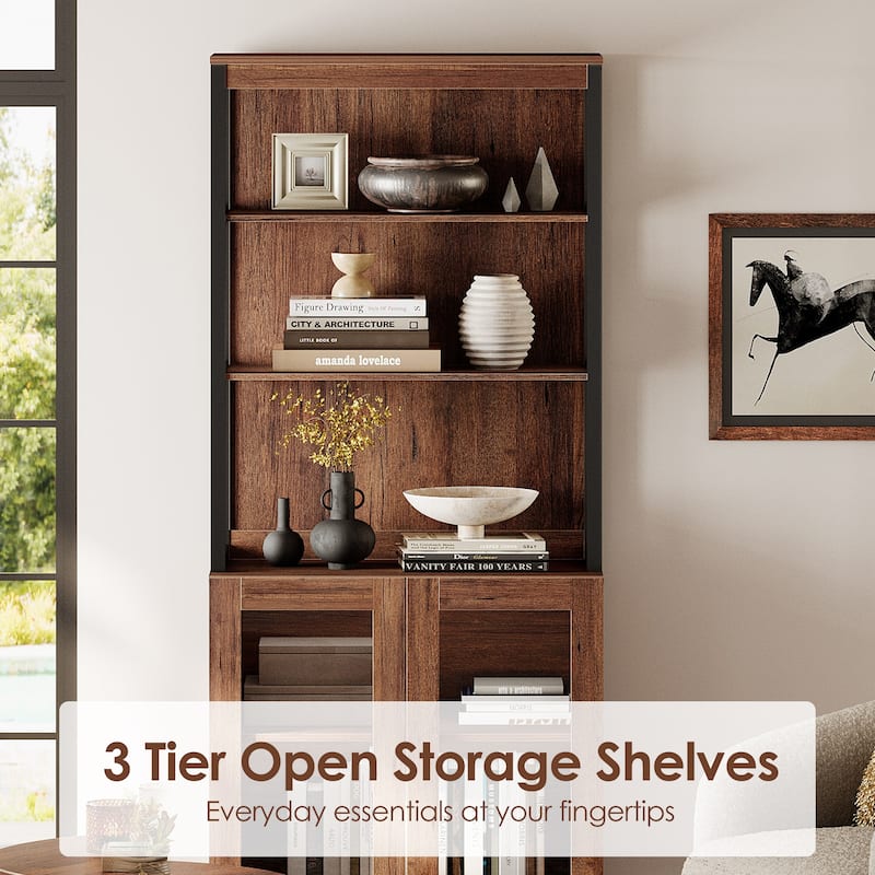 Modern 72" Tall Bookcase with Glass Doors and Adjustable Shelves for Home Office, Living room.