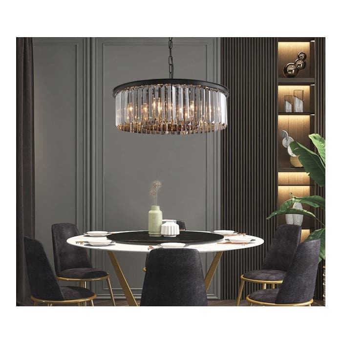 12-Light Round Clear Glass Fringe Crystal Prism Chandelier, Smoke Glass - Black