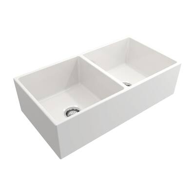 36 x 19 Inch Fireclay Kitchen Sink, Farmhouse Sink, White Fireclay Kitchen Sink, Double Bowl Apron Front, Plain... - 36"x19"