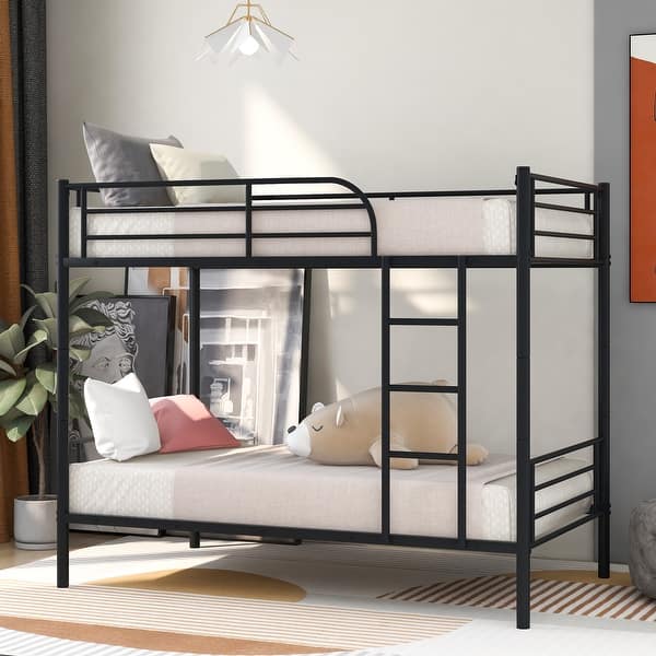 slide 2 of 9, Twin Over Twin Metal Bunk Bed with Built-in Ladder and Guardrails, Black Twin - Black