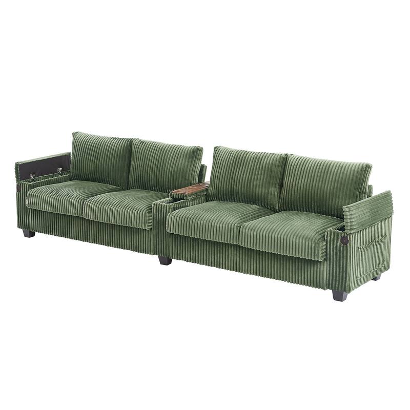 Corduroy Straight Row Sofa 4-seater Sectional Couch Buil-in USB Ports, Flip-Top Cup Holders Storage and Hidden Storage Arms
