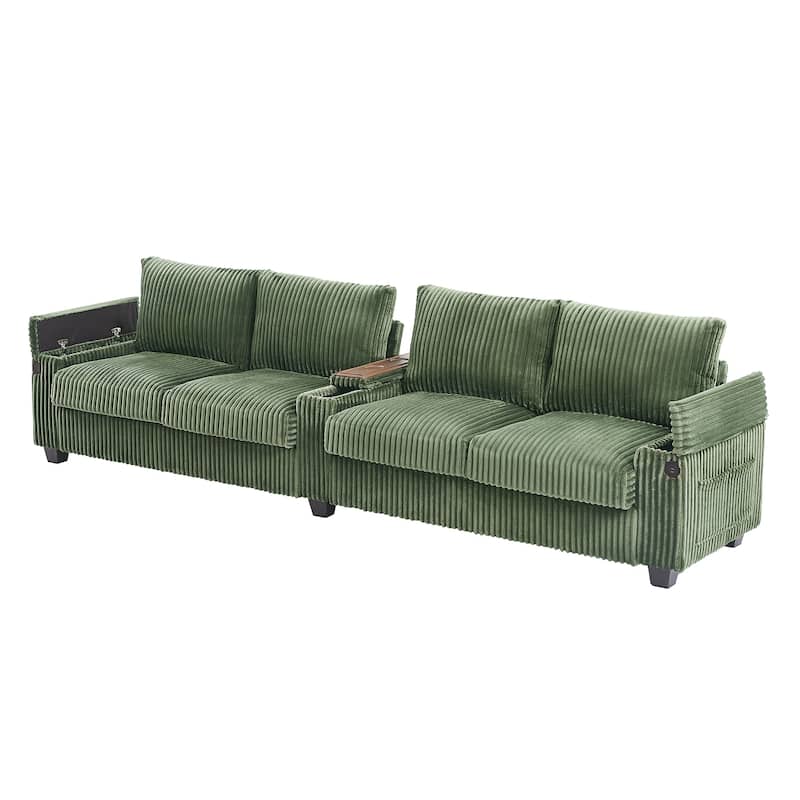 Roomfitters 4-Seater Corduroy Modern Sofa Couch with USB Ports Hidden Storage Arms & Flip-Top Cup Holders for Living Room