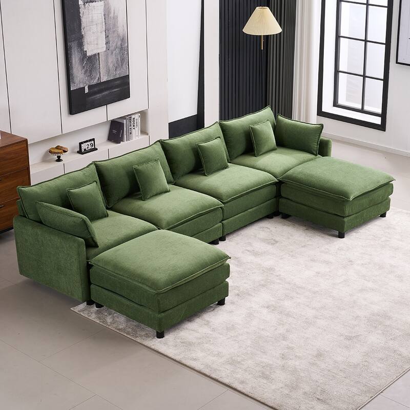 131.89" Chenille U-Shaped Sectional Sofa Bed with Sleeper & Iron Frame Support