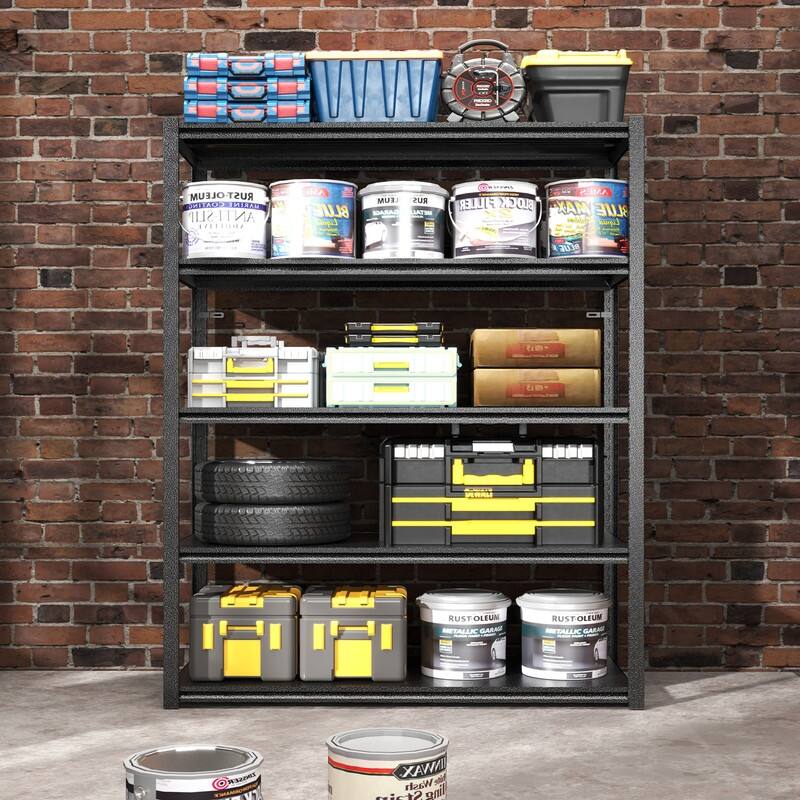 4/5 Tier Adjustable Metal Storage Shelves Bookcase, Black/Natural, 48"/63"H - 63"H - Black+Gray