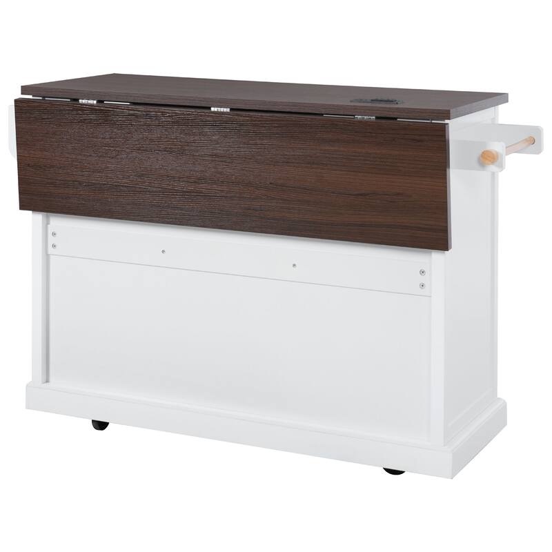 54.9" Kitchen Island with Drop Leaf, Storage, Barn Doors & Power Outlet