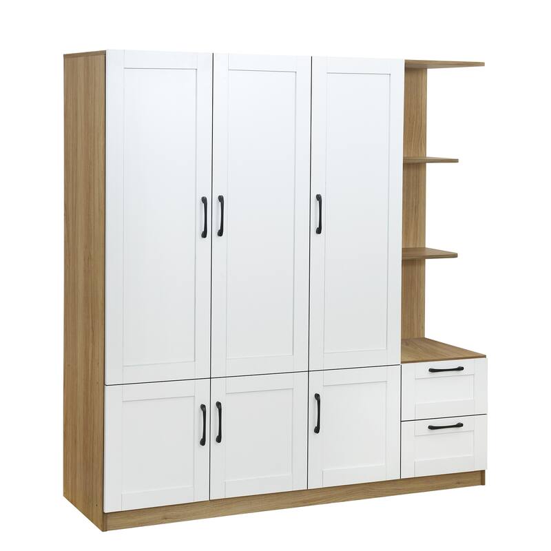 3 Doors Armoire Wardrobe Closet with 3 Side Shelves 2 Drawers, Wooden Bedroom Armoires with Hanging Rod for Bedroom