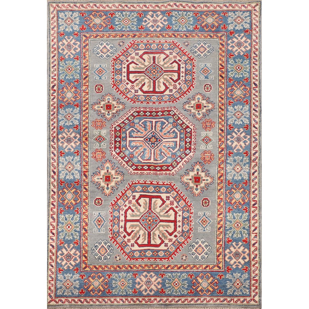 Kazak Oriental Area Rug Handmade Grey Wool Carpet - 3'10"x 5'11"
