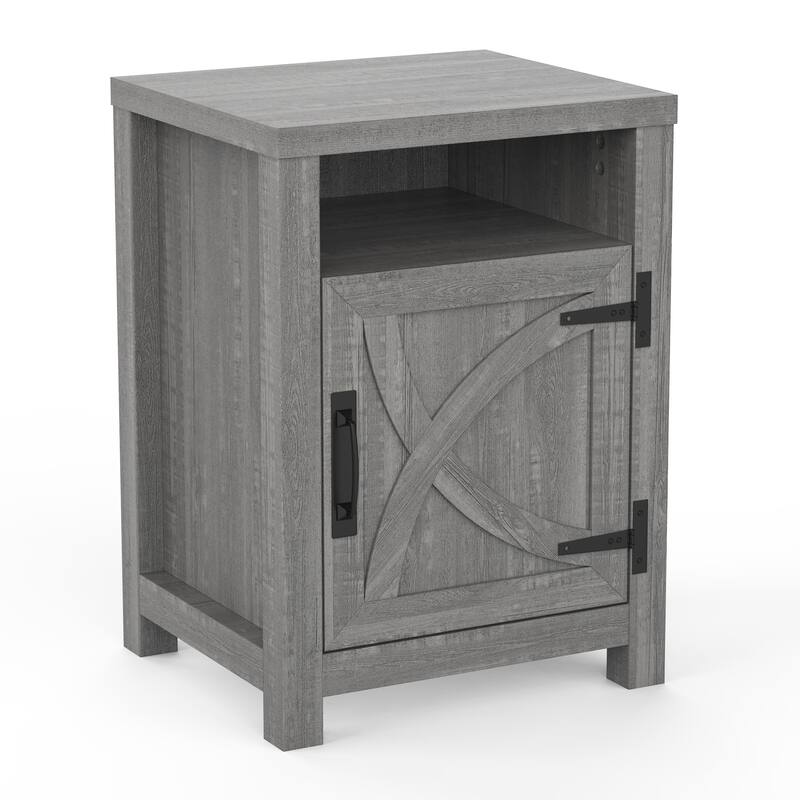 Farmhouse Barn Door Nightstand Bedside Table with Storage Open Compartment