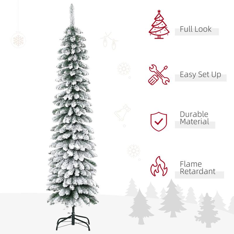 HOMCOM Unlit Snow Flocked Slim Pencil Tree - Realistic Branches, Green
