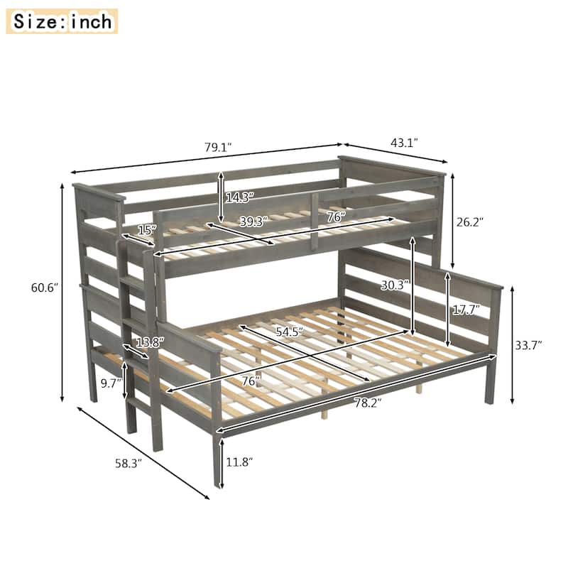 Solid Wood Bunk Bed Wood Slat Support Bed Frame Full Length Guardrail Up Bed with Ladder Separable Platform Bed