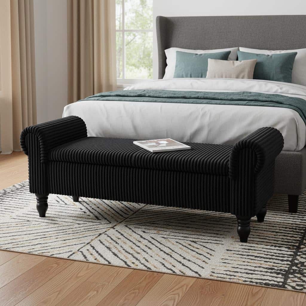 HomeRoots 55" Black Corduroy and Solid Wood Upholstered Storage Bench With Flip Top - 55.00 in. x 20.00 in. x 17.00 in.