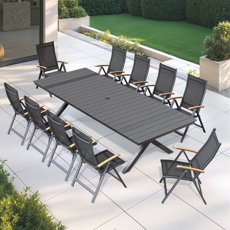 9/11PC Outdoor Patio Dining Set With Aluminum X-Frame Table Umbrella Hole Table Folding Chairs - 11PC-Black-Table&Black-Chairs