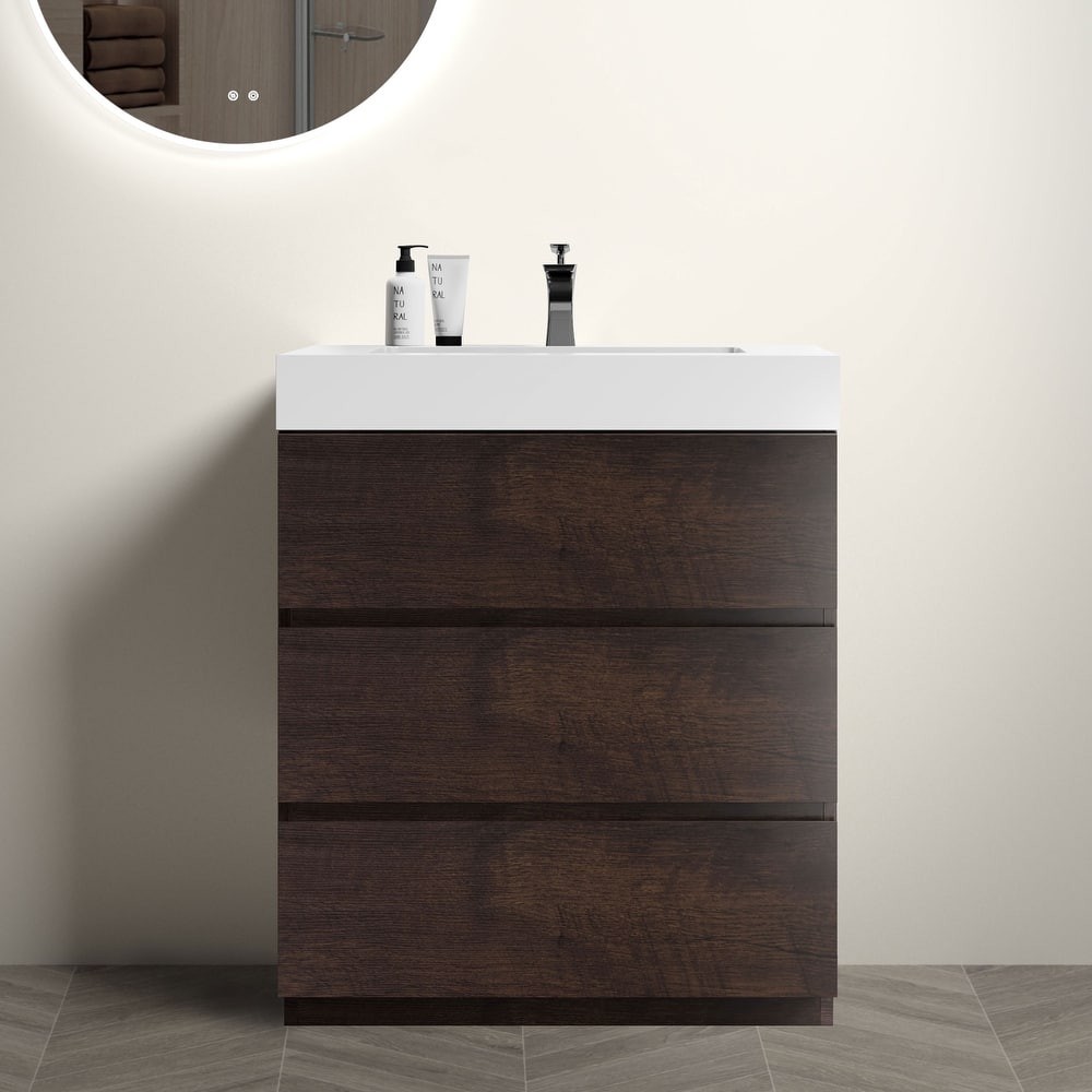 GDFStudio - Alice Walnut Freestanding Bathroom Vanity with One-Piece Matte Black Sink, Modern Handle-Free Design, Pre-Assembled