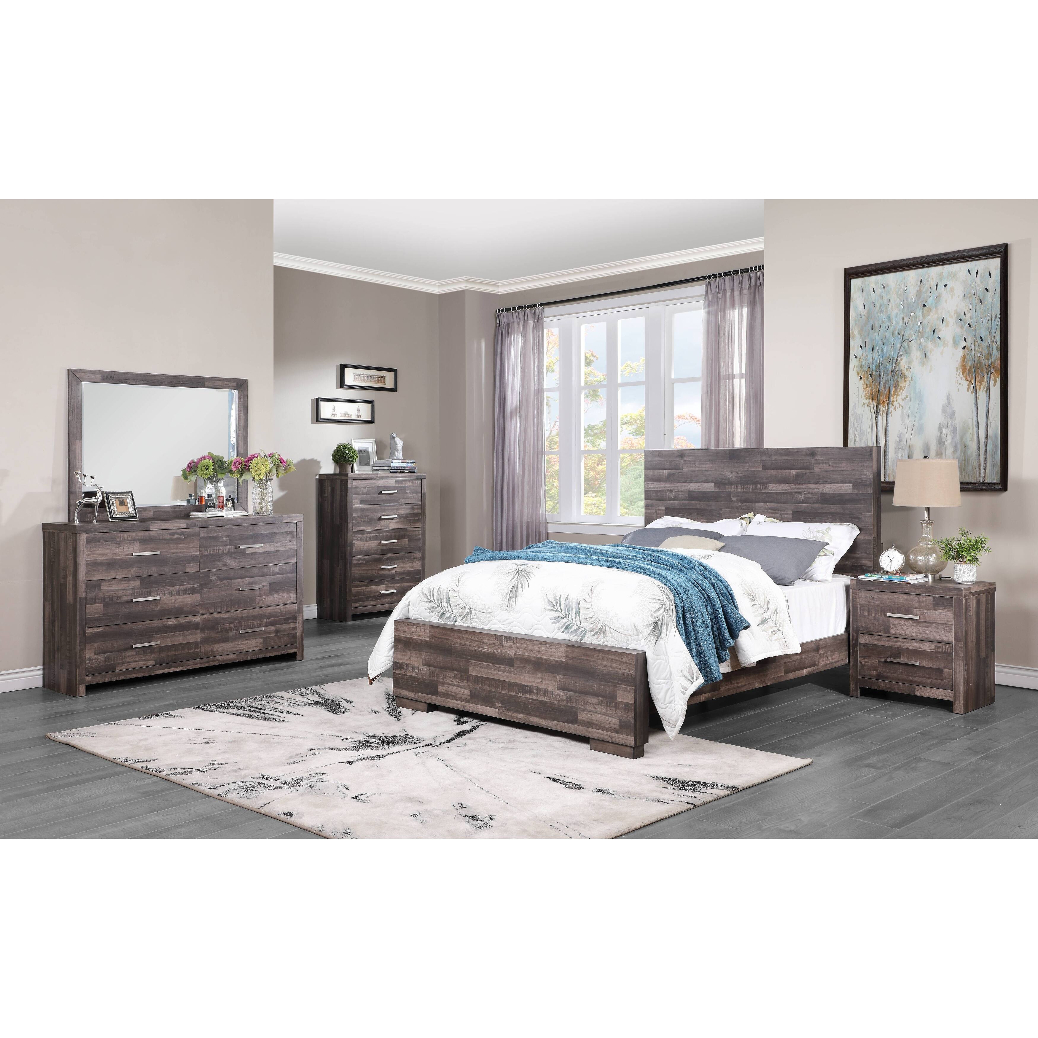 Rustic Juniper Queen Platform Panel Bed with Plank Pattern Headboard
