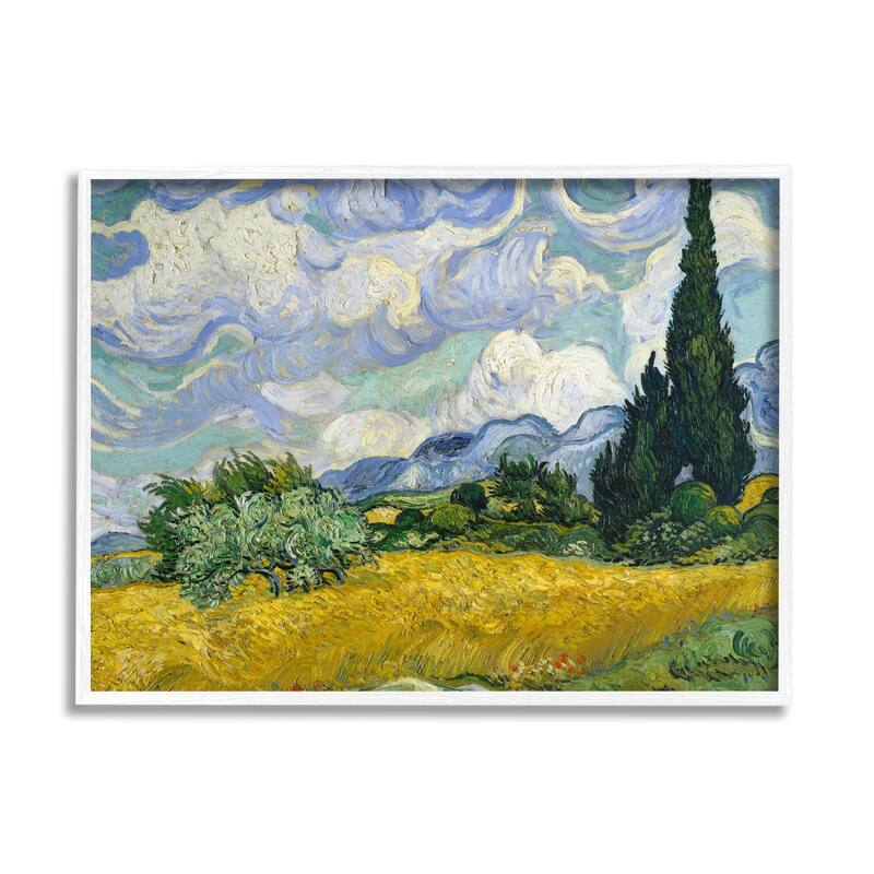 Stupell Wheat Field with Cypresses Post Impressionist Painting Framed Giclee Texturized Art by Vincent Van Gogh - 24 x 30 - White