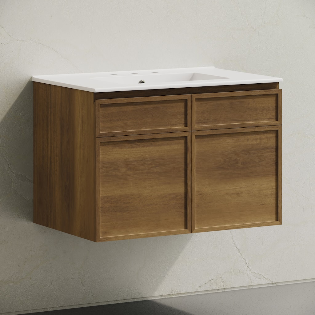 St. Tropez 30" Wall-Mounted Bathroom Vanity In Brown Oak With 3-Hole Widespread Sink Top - 30