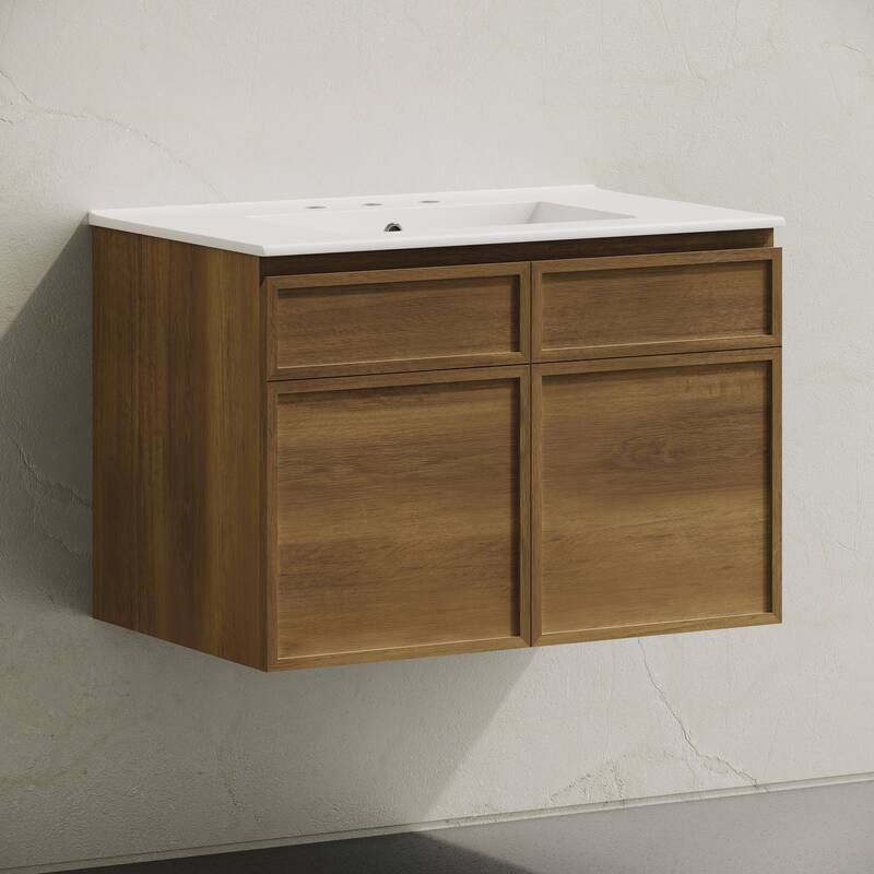 St. Tropez 30" Wall-Mounted Bathroom Vanity In Brown Oak With 3-Hole Widespread Sink Top - 30