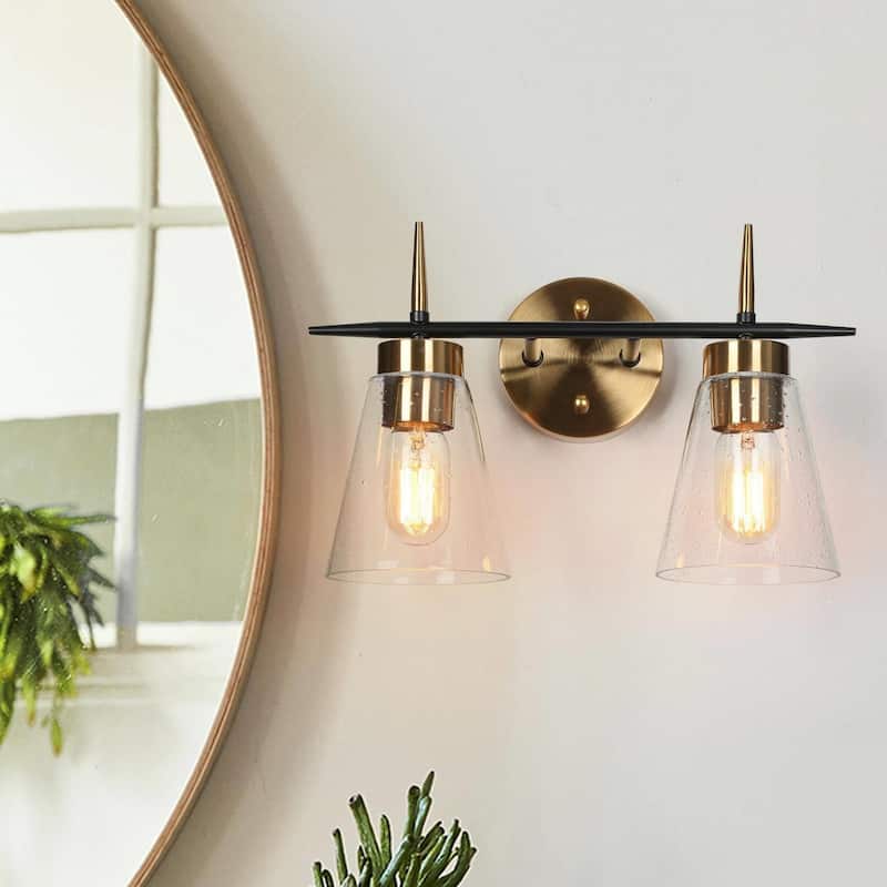 Aditi Modern Industrial 2-Lights Bathroom Vanity Lights Cone Bedroom Wall Sconces - L 14.5" x W 7" x H 10" - L 14.5" x W 7" x H 10" - Black & Gold