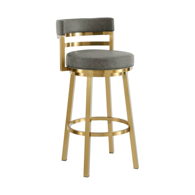 HomeRoots 30" Gray and Gold Faux Leather and Stainless Steel Low Back Bar Height Swivel Bar Chair