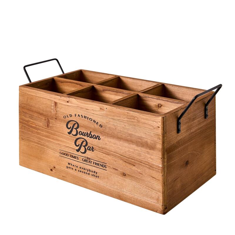 American Art Decor The Bourbon Bar Wood Crate Bottle Holder with Metal Handles - 7" H x 14" L x 8" D